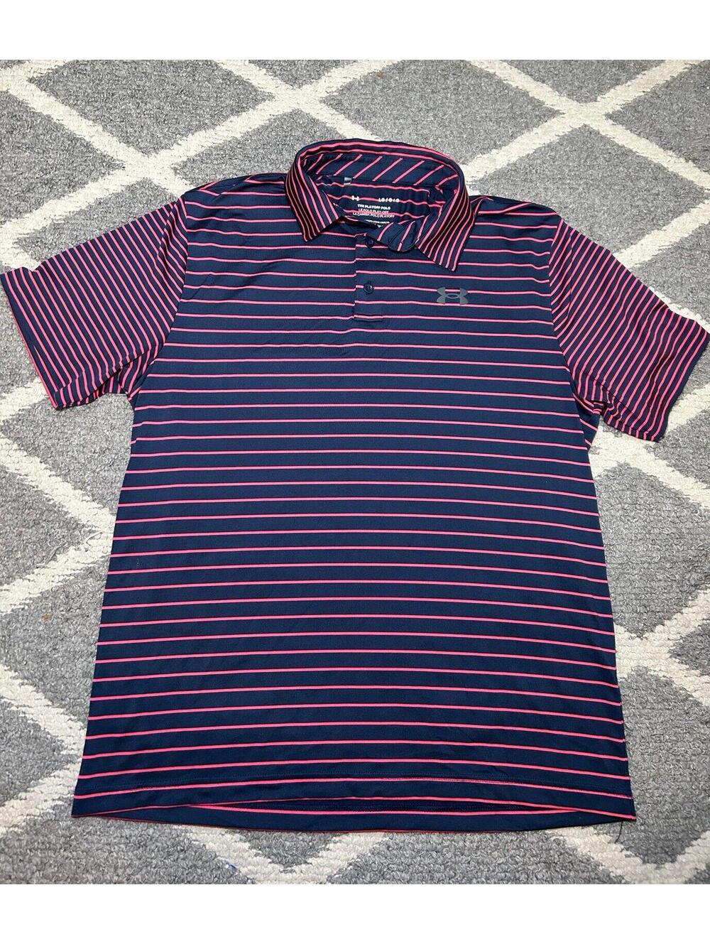 MENS UNDER ARMOUR SHORT SLEEVE NAVY BLUE/PINK STRIPED PLAYOFF POLO SHIRT SIZE L